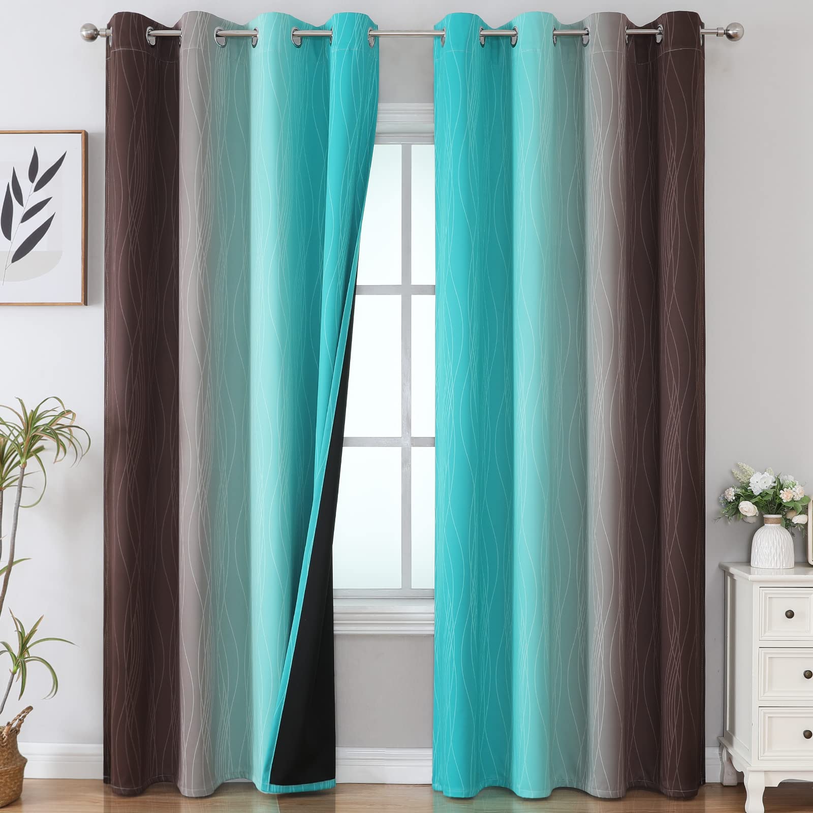 Estelar Textiler Beige and Greyish White Blackout Curtains for Living Room, Full Room Darkening Gradient Drapes for Bedroom, Thermal Insulated Ombre Grommet Curtains for Dining Room,52Wx84L,2 Panels
